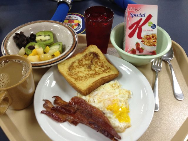 eggs made to order, French toast and side of bacon, cereal and fruits!