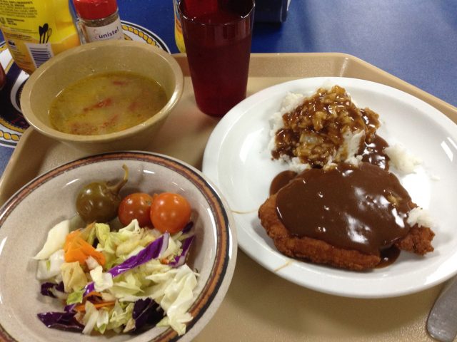 Chicken patty, soup and salad. Don’t spare the gravy!