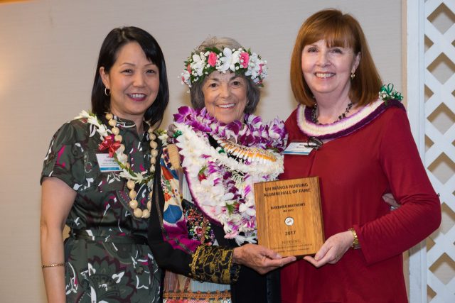 Award ceremony for Barbara Matthews with Mary Boland and Lori Kaneshige